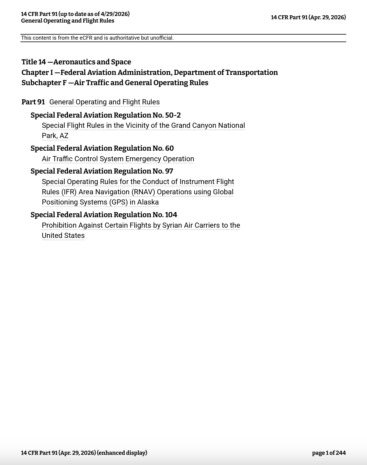 Cover of 14 CFR Part 91 – General Operating and Flight Rules