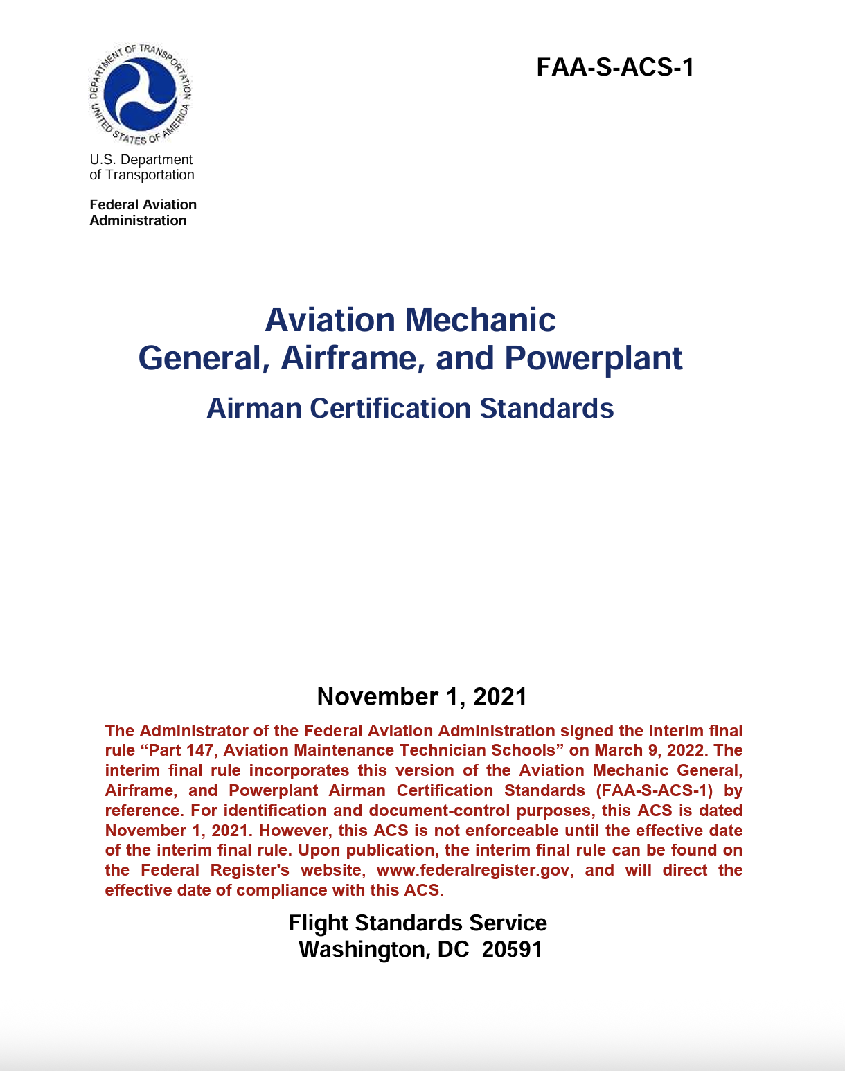 Cover of Airmen Certification Standards (ACS) document