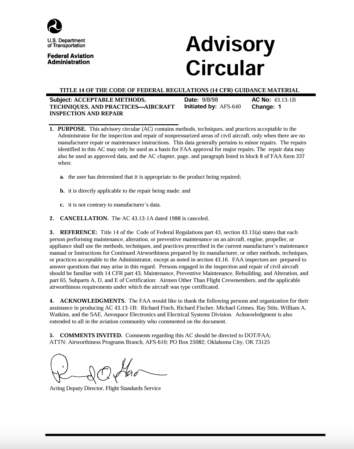 Cover of AC 43.13-1B – Acceptable Methods, Techniques, and Practices: Aircraft Inspection and Repair