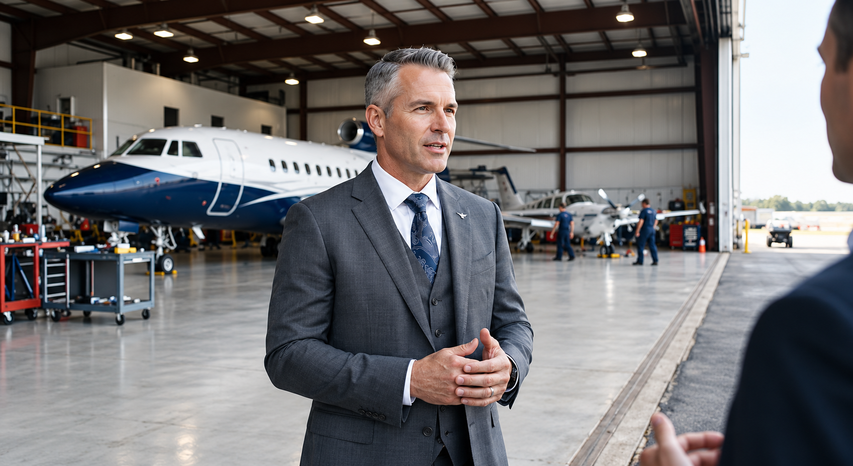 Aeronoire founder standing in an aircraft hangar
